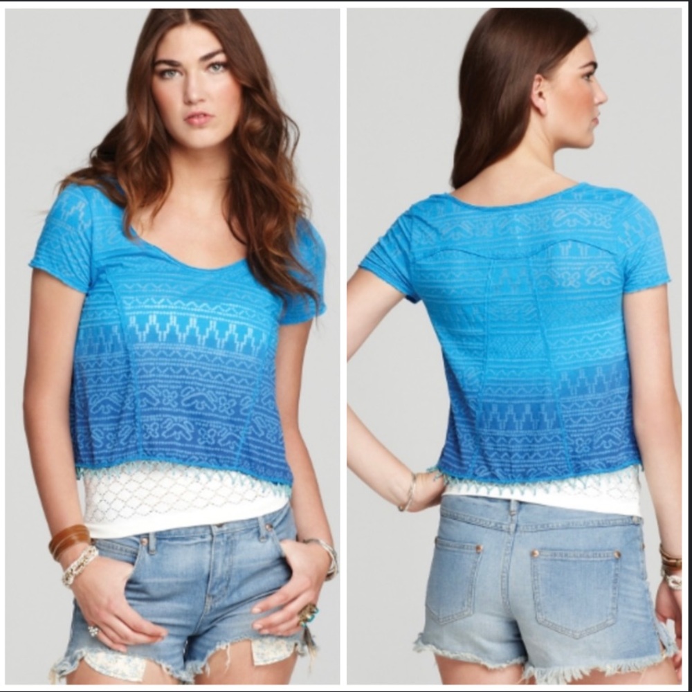 Free People - Shibori Burnout Ombré Blue T-Shirt With Beaded Trim NWOT